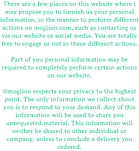 There are a few places on this website where i may propose you to furnish us your personal information, in the manner to perform different actions on moglion.com, such as contacting us via our website or social media. You are totally free to engage or not in these different actions. Part of you personal information may be required to completely perform certain actions on our website. @moglion respects your privacy to the highest point. The only information we collect about you is to respond to your demand. Any of this information will be used to share you unrequested material. This information will neither be shared to other individual or company, unless to conclude a delivery you ordered.