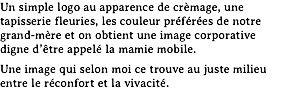 Un simple logo au apparence de crèmage, une tapisserie fleuries, les couleur préférées de notre grand-mère et on obtient une image corporative digne d’être appelé la mamie mobile.
Une image qui selon moi ce trouve au juste milieu entre le réconfort et la vivacité.